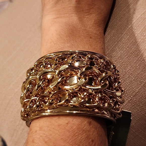 New Fashion Accents Gold Cuff with Chain Embellishments - Picture 1 of 8